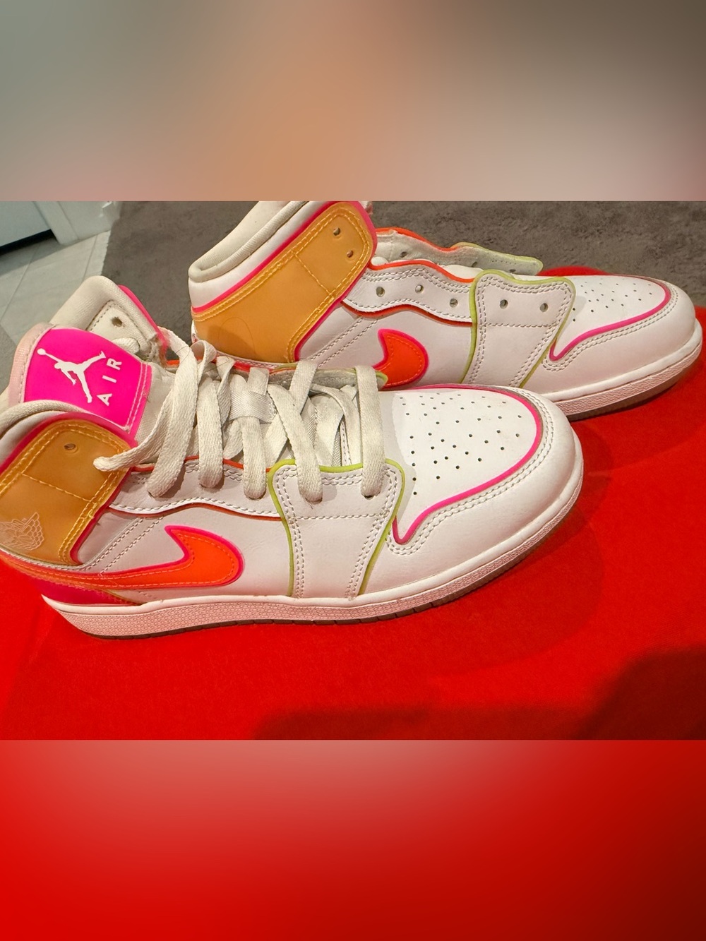Jordan Kids White High-Top Sneakers with Neon Pink, Orange & Lime Accents